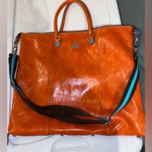 Gabs Italian Orange Leather Bag Blue interior Shoulder or Handbag Beautiful!!!